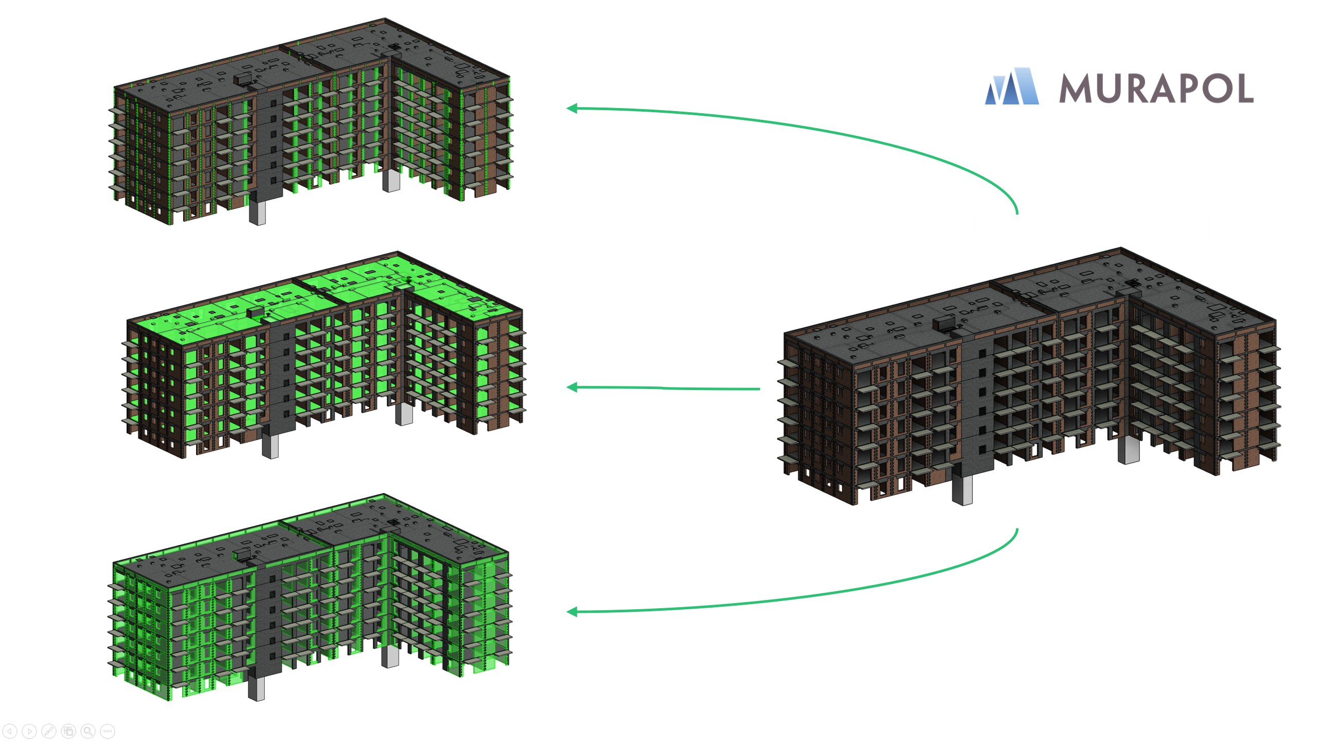 Residential building model split into element groups isolated for quantity take-off