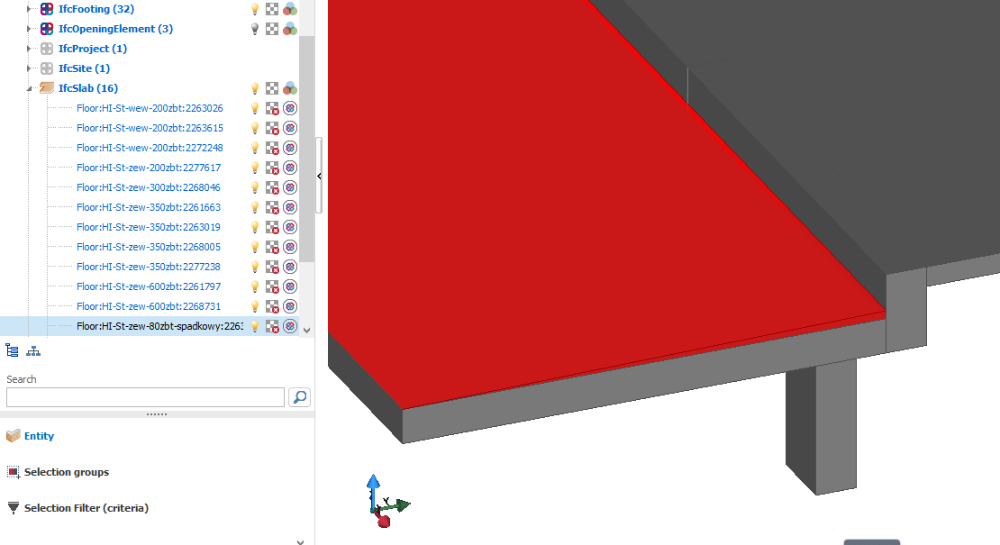 IFC entity tree with coded slab type naming feeding the quantity take-off