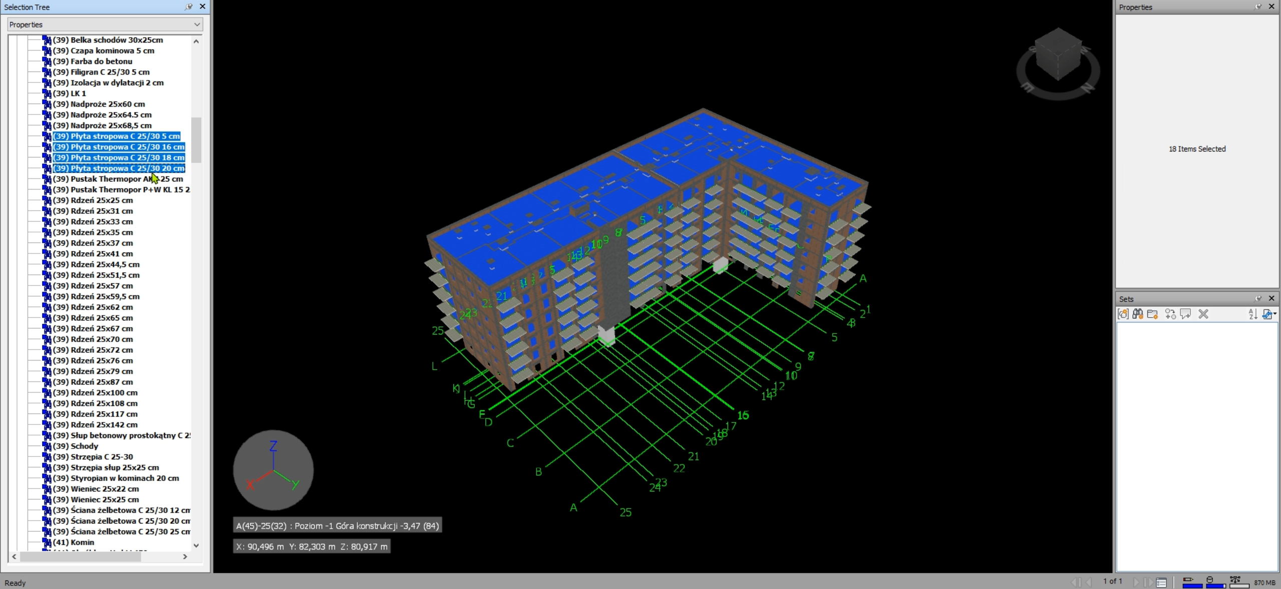 Selection tree with structural element types and concrete classes selected for take-off