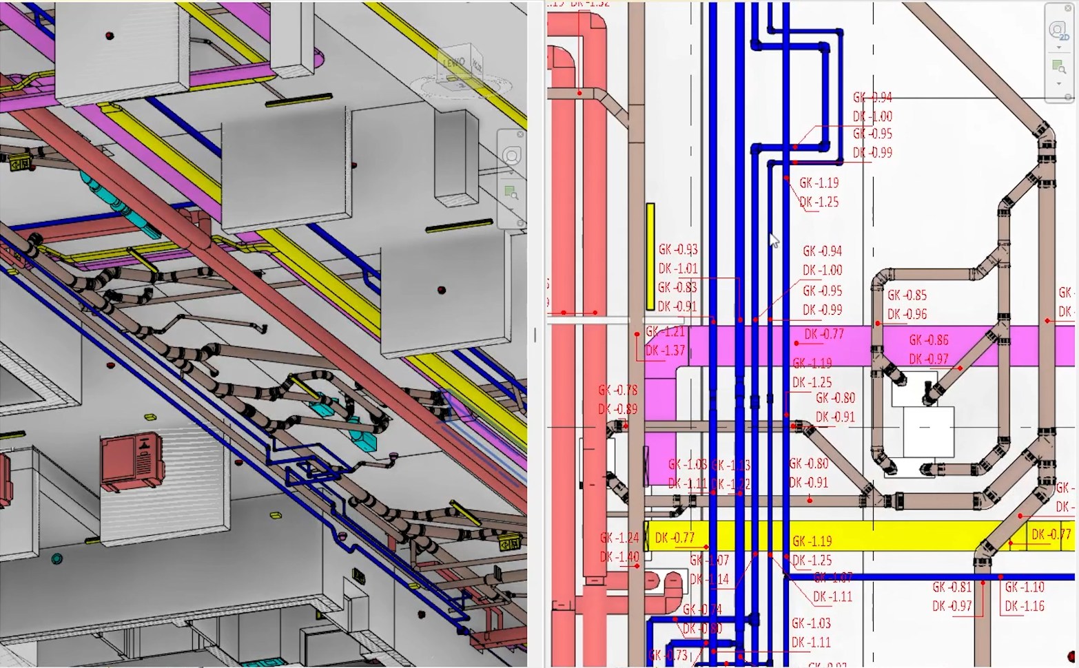 Federated MEP model next to a 2D coordination drawing with elevation annotations